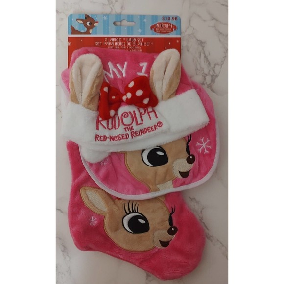 Babys First Christmas Pink Rudolph Clarice Reindeer Bib Hat Stocking Set Soft B6 - Picture 1 of 2
